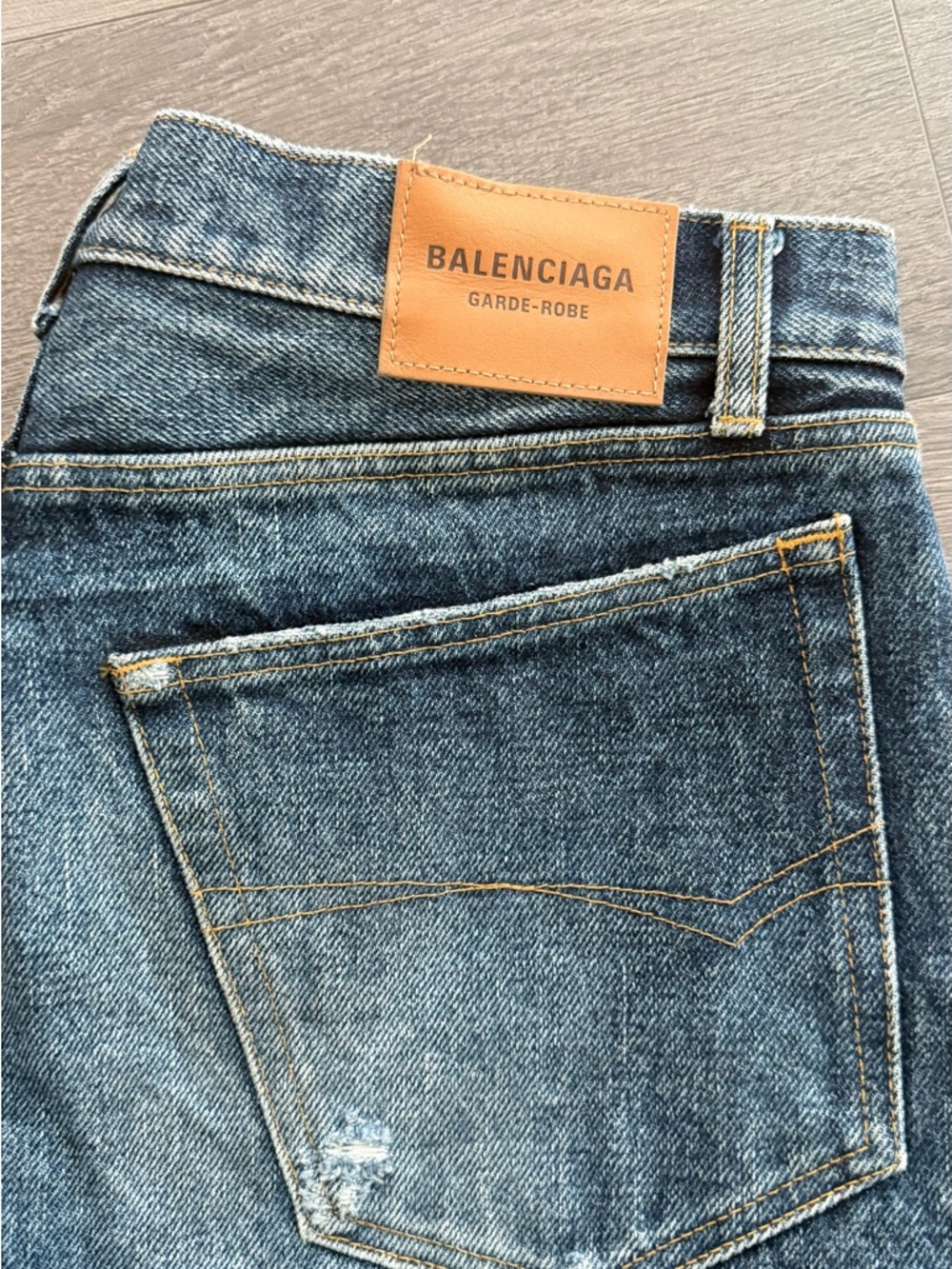 Balenciaga Blue Denim Jeans with Tan Leather Patch
